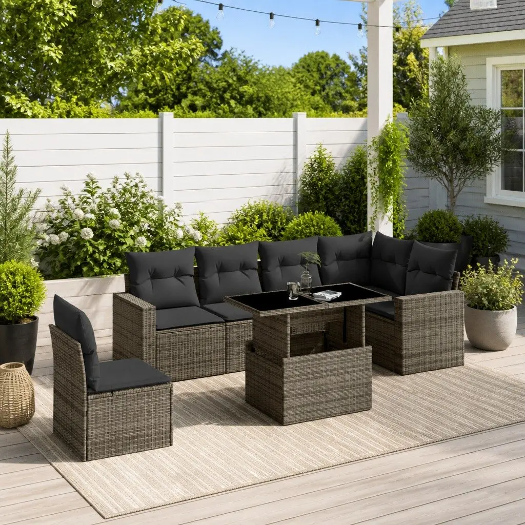 Garden Sofa Set 7 Piece Outdoor Patio Furniture Grey Poly Rattan with Cushions