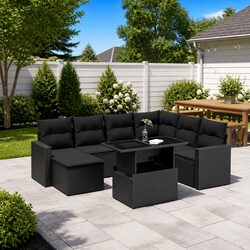 8-Piece Black Modular Garden Sofa Set with Cushions