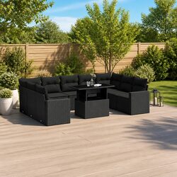 10 Piece Outdoor Sofa Set Black Poly Rattan Garden Furniture with Cushions Patio