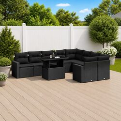10 Piece Garden Sofa Set: Black PE Rattan & Cushions