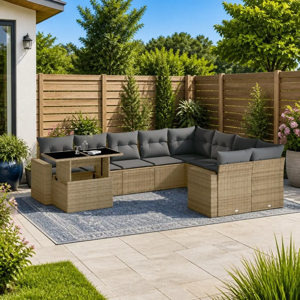 Garden Sofa Set Outdoor Furniture 10 Piece Beige Poly Rattan Adjustable Table