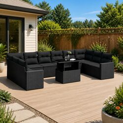 Outdoor Garden Sofa Set 11 Piece Black Poly Rattan Patio Furniture with Cushions
