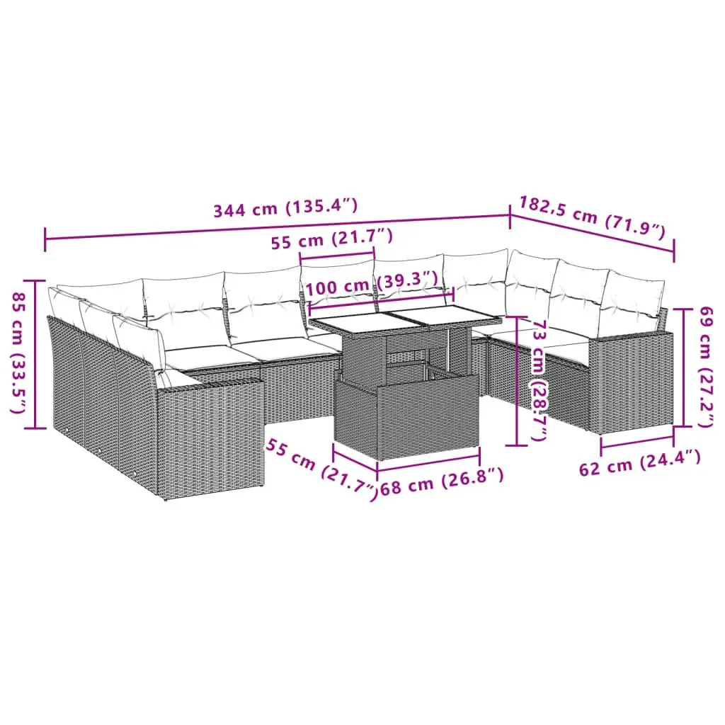 Modular Garden Sofa Set 11 Piece Grey Rattan Outdoor Furniture for Patio and Terrace