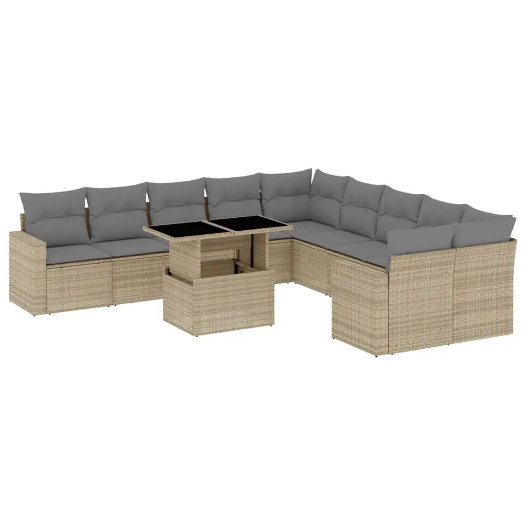 Outdoor Garden Sofa Set 11 Piece Beige Poly Rattan Furniture with Cushions