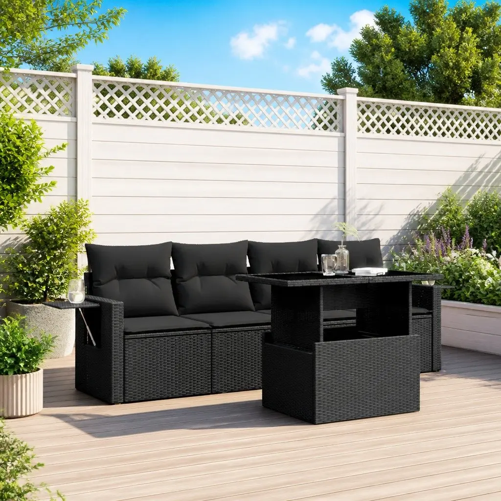 Garden Sofa Set 5 Piece Outdoor Furniture Black Poly Rattan Adjustable Table