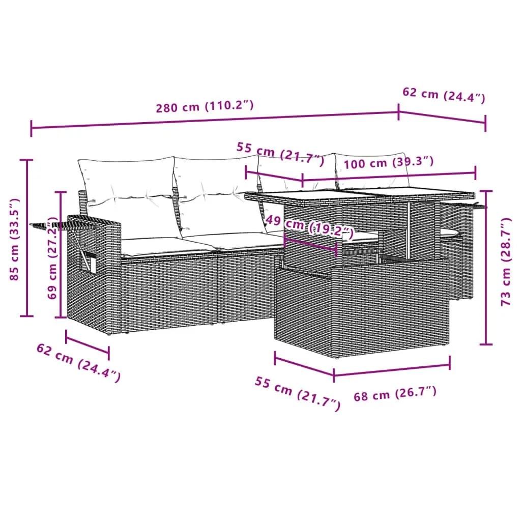 5 Piece Modular Grey Garden Sofa Set