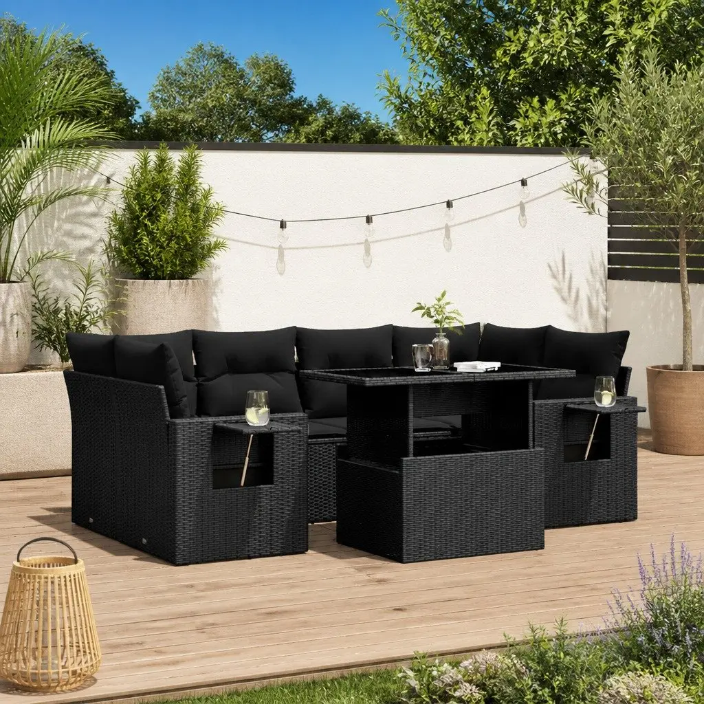 7 Piece Garden Sofa Set Black Poly Rattan Outdoor Furniture Patio Lounge