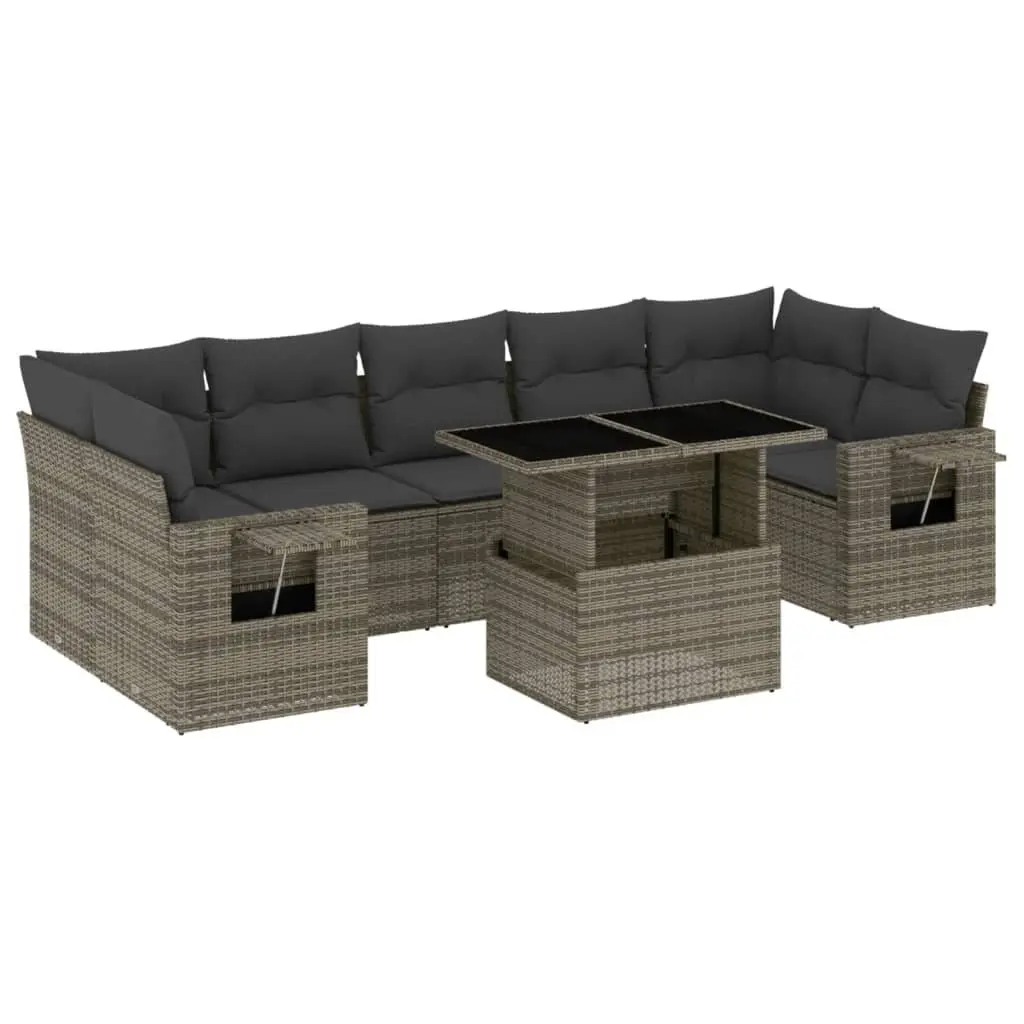 8 Piece Outdoor Garden Sofa Set Grey PE Rattan Patio Furniture with Cushions and Adjustable Table