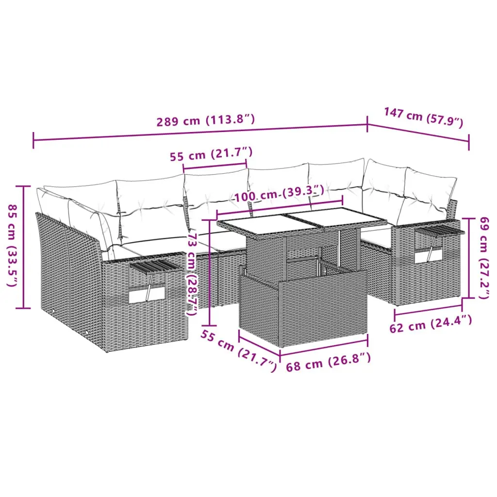 8 Piece Outdoor Garden Sofa Set Grey PE Rattan Patio Furniture with Cushions and Adjustable Table
