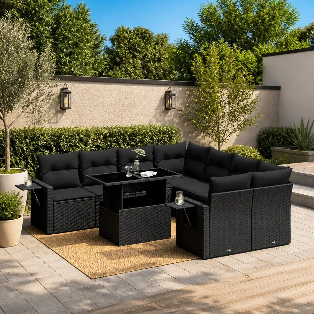 Garden Sofa Set Outdoor Furniture 9 Piece Modular Black Poly Rattan with Cushions