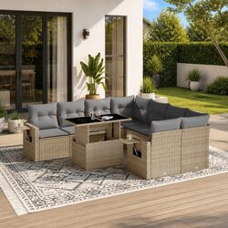 9 Piece Garden Sofa Set: Beige Poly Rattan Construction