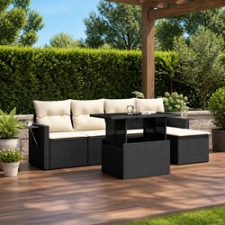 Garden Sofa Set 6 Piece Outdoor Furniture Black Poly Rattan Modular Patio