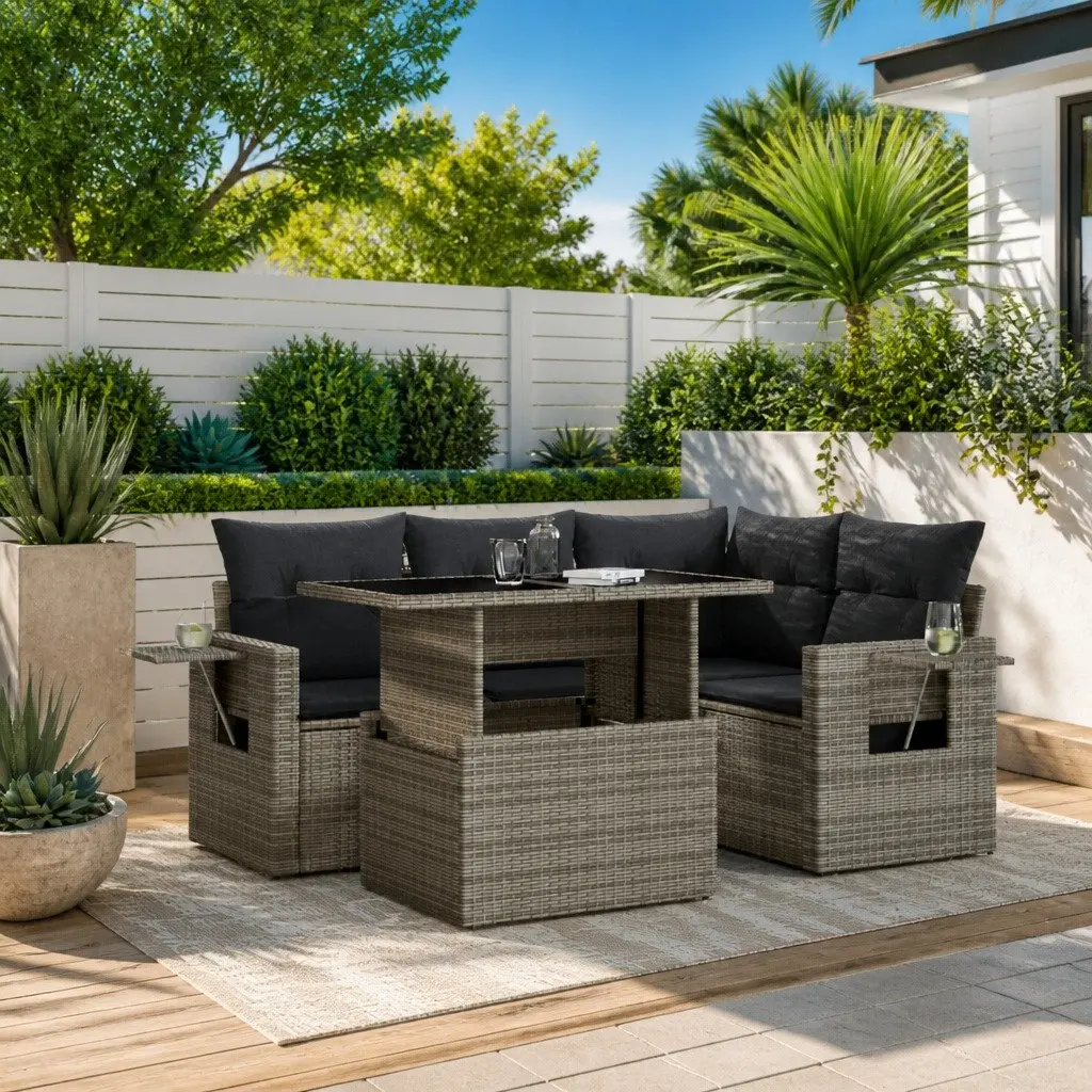 5 Piece Modular Garden Sofa Set with Foldable Tables