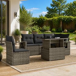 Garden Sofa Set 6 Piece Modular Outdoor Furniture Grey Poly Rattan with Cushions