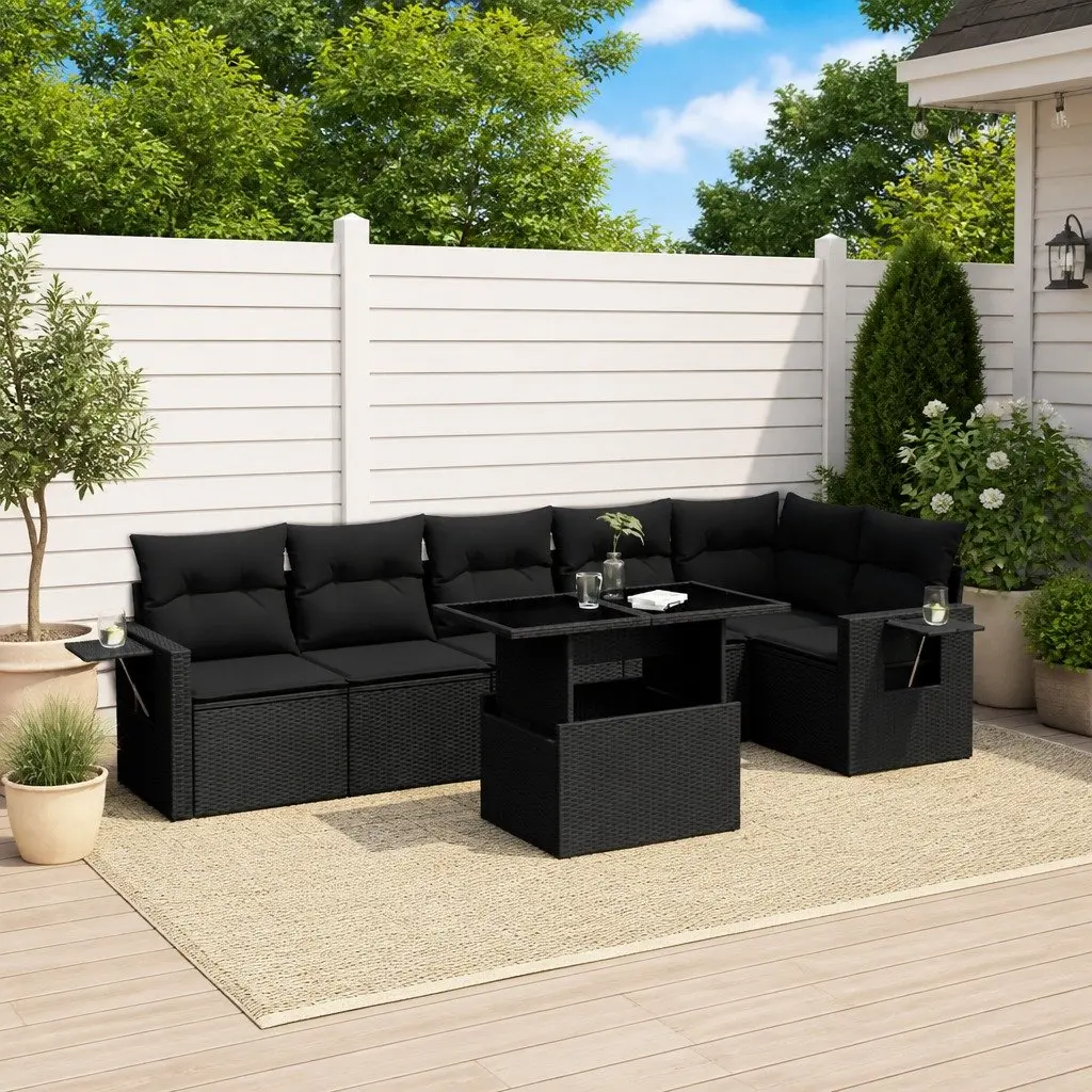 7 Piece Garden Sofa Set Outdoor Furniture Black Poly Rattan Modular Cushioned