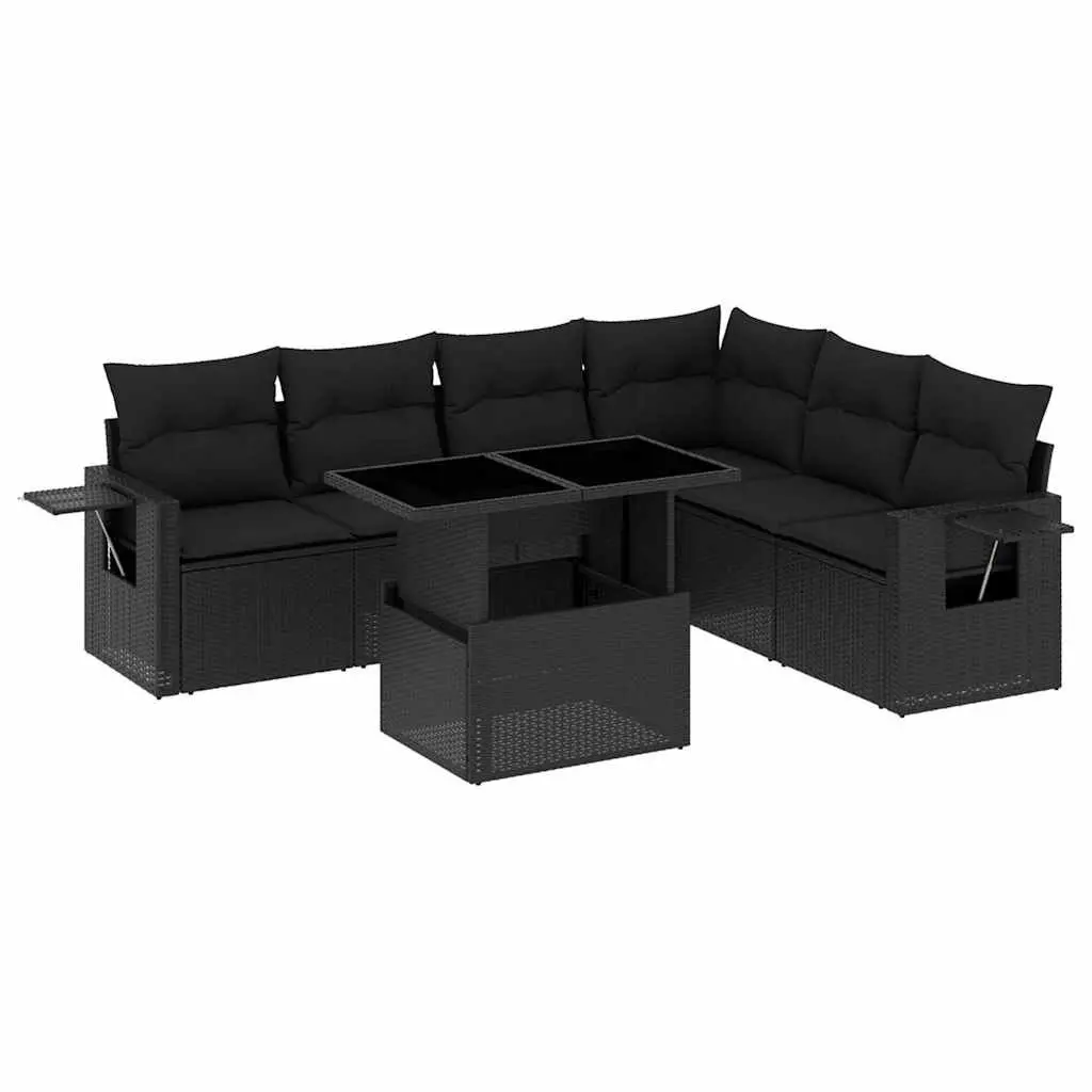 7 Piece Garden Sofa Set Black Poly Rattan Outdoor Furniture with Cushions
