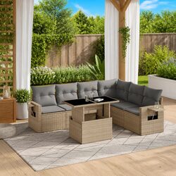 Durable 7 Piece Beige Outdoor Sofa Set with Adjustable Table