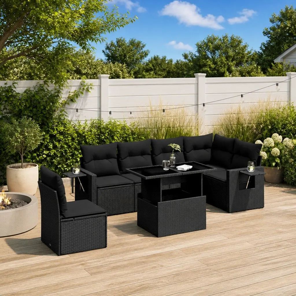 7 Piece Outdoor Garden Sofa Set Black Poly Rattan Patio Furniture with Cushions