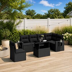 7 Piece Outdoor Garden Sofa Set Black Poly Rattan Patio Furniture with Cushions