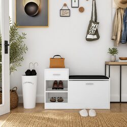 White Shoe Storage Bench Engineered Wood Hallway Organiser Seating Cabinet