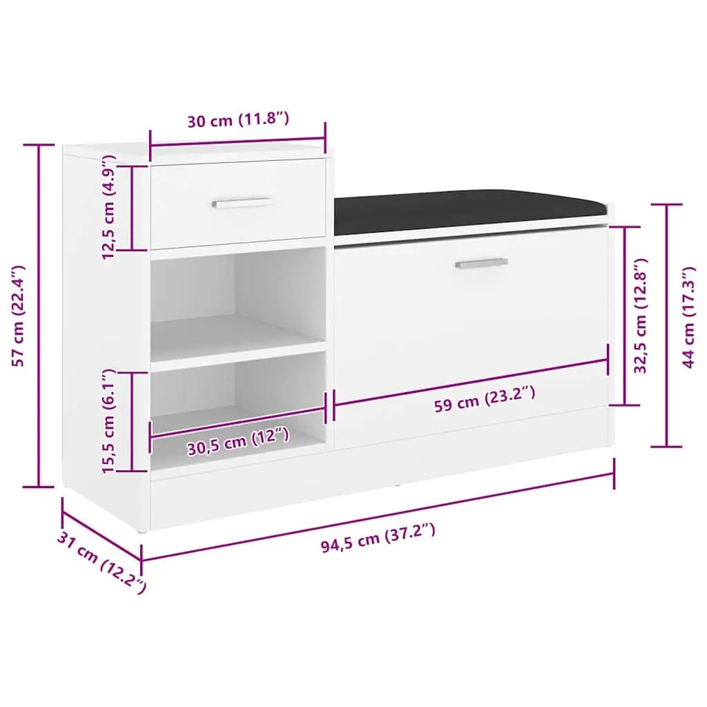 Shoe Storage Bench for Hallway 94.5 x 31 x 57 cm White Engineered Wood with Faux Leather Seat