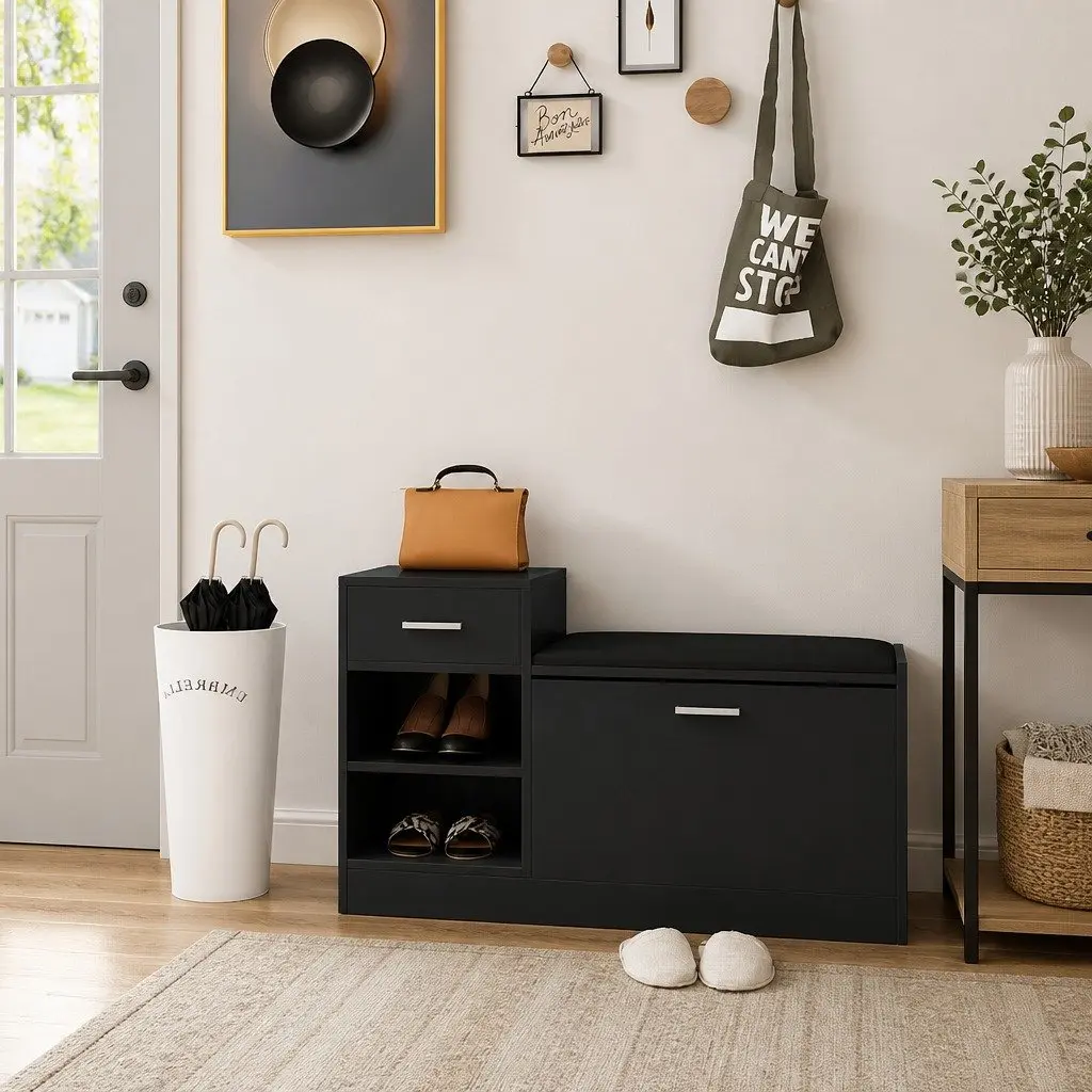 Black Engineered Wood Shoe Storage Bench