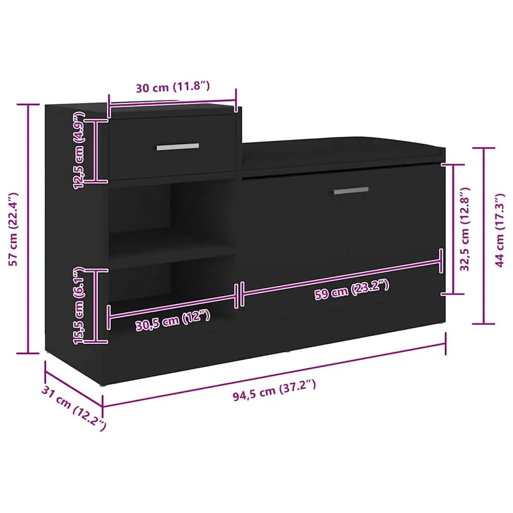 Black Engineered Wood Shoe Storage Bench