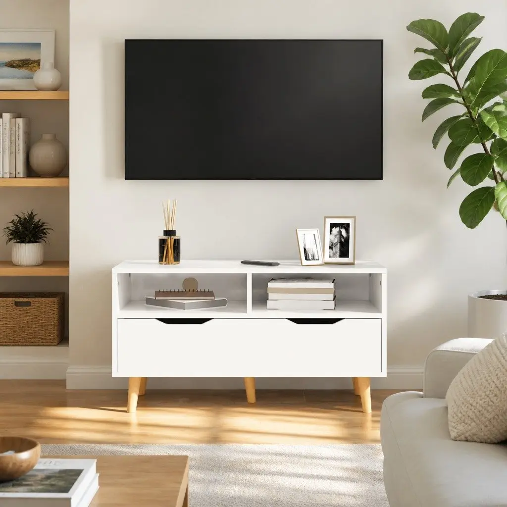 TV Cabinet White High Gloss Living Room Storage Unit Engineered Wood Stand