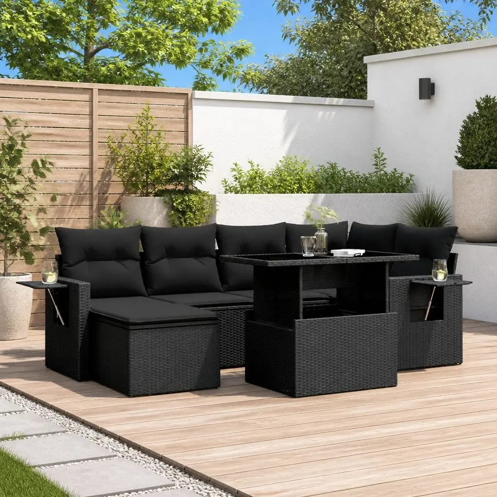 7 Piece Garden Sofa Set for Outdoor Patio Furniture with Cushions Black Poly Rattan