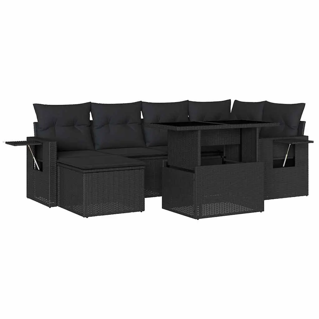7 Piece Garden Sofa Set for Outdoor Patio Furniture with Cushions Black Poly Rattan