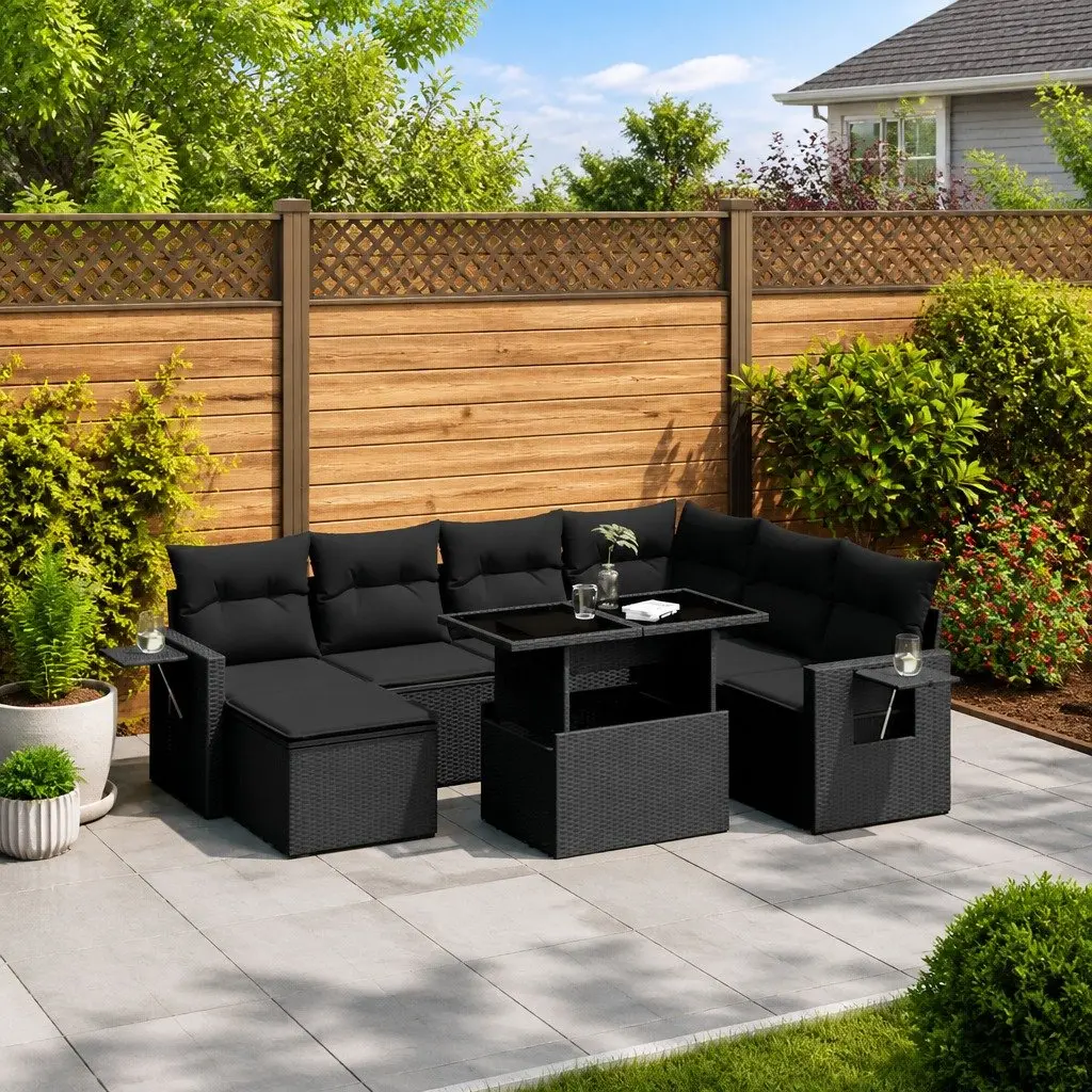 Garden Sofa Set Outdoor Furniture 9 Piece Black Poly Rattan Patio with Cushions