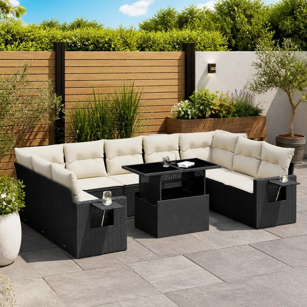 Garden Sofa Set Outdoor Patio Furniture 10 Piece Black Poly Rattan with Cushions