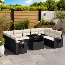 Garden Sofa Set 10 Piece Outdoor Patio Furniture Black Poly Rattan with Cushions