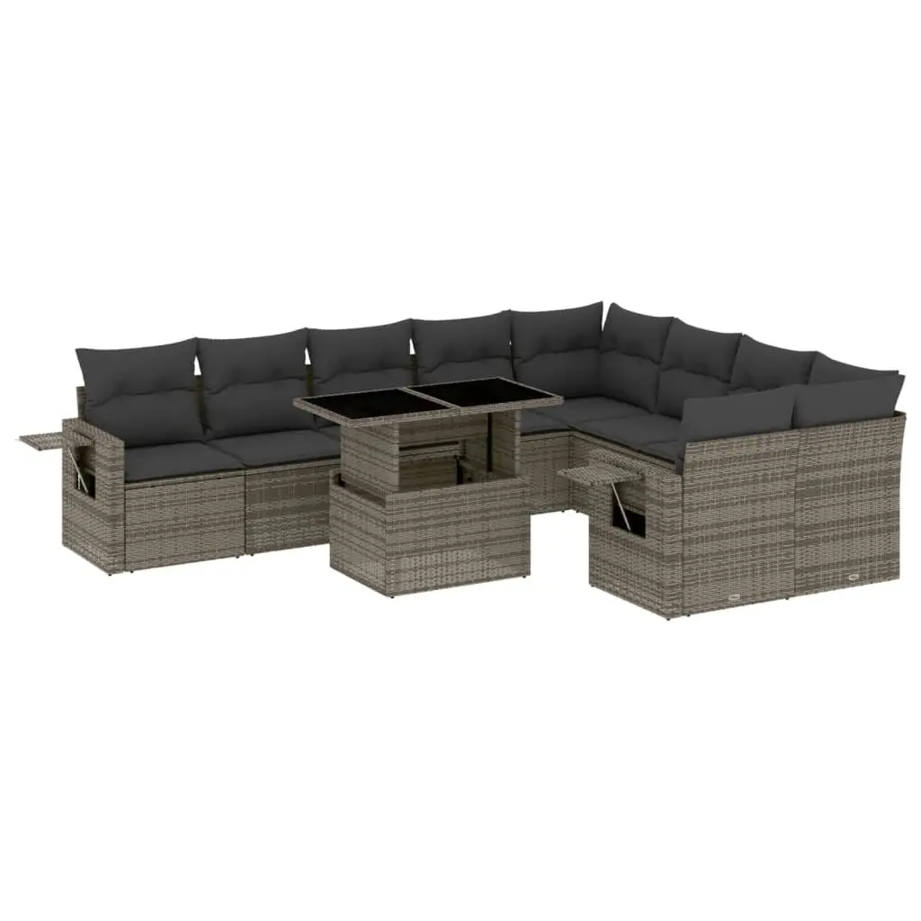 10 Piece Modular Outdoor Furniture Set for Patio Garden with Grey Rattan Adjustable Table and Foldable Side Tables