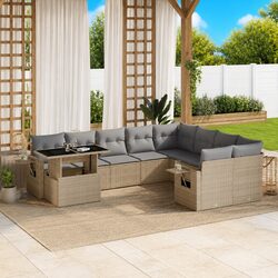 Outdoor Garden Sofa Set 10 Piece Beige Poly Rattan Patio Furniture with Cushions