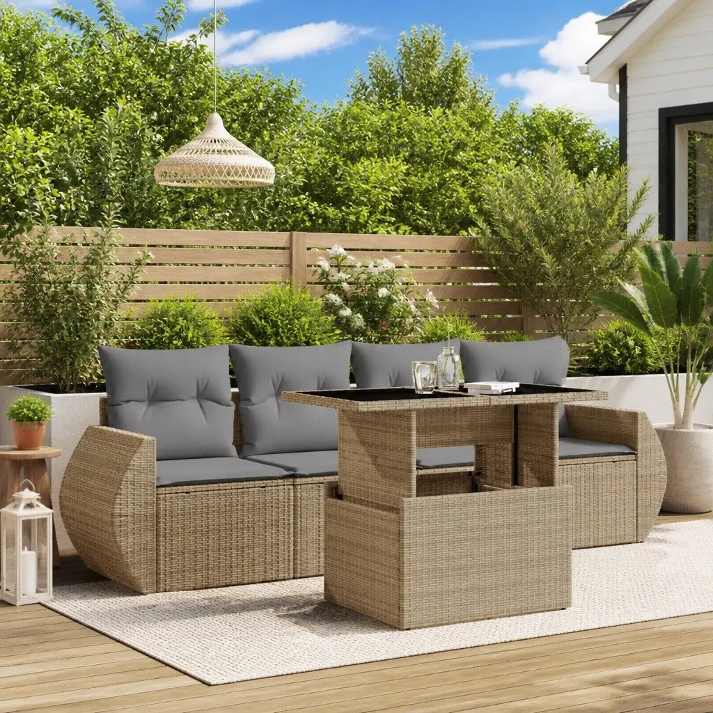 BeigePolyRattan5PieceOutdoorSofaSetwithCushionsforPatioGardenFurniture