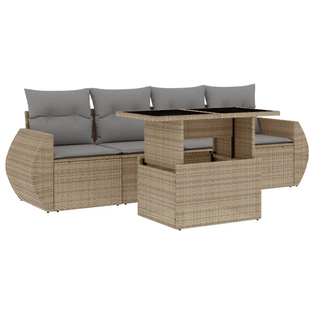 BeigePolyRattan5PieceOutdoorSofaSetwithCushionsforPatioGardenFurniture