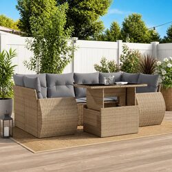 Garden Sofa Set: 7 Pieces of Beige Poly Rattan Comfort