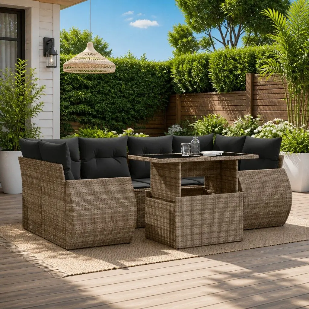 Garden Sofa Set Outdoor Furniture 7 Piece Patio Seating Grey Poly Rattan