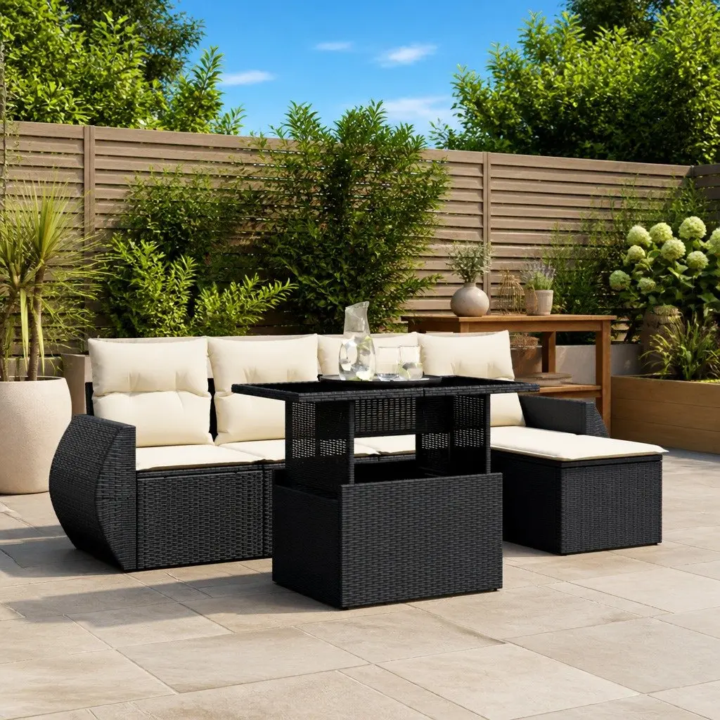 Garden Sofa Set Outdoor Furniture 6 Piece Black Poly Rattan with Cushions