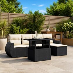 Garden Sofa Set 6 Piece Black Poly Rattan Outdoor Furniture with Cushions Patio