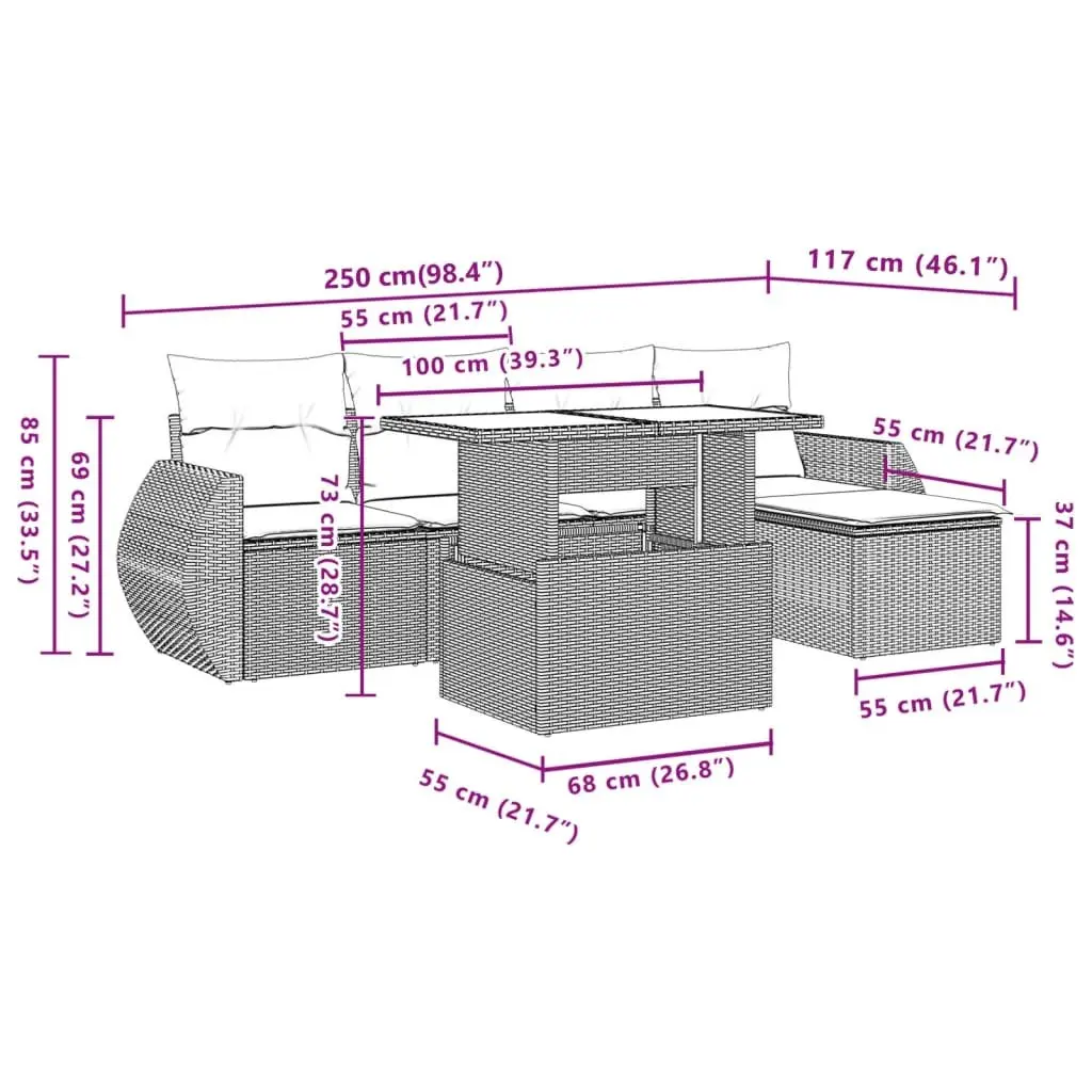 6-Piece Garden Sofa Set in Grey Rattan