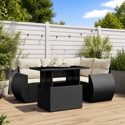 5 Piece Garden Sofa Set: Black PE Rattan with Cushions