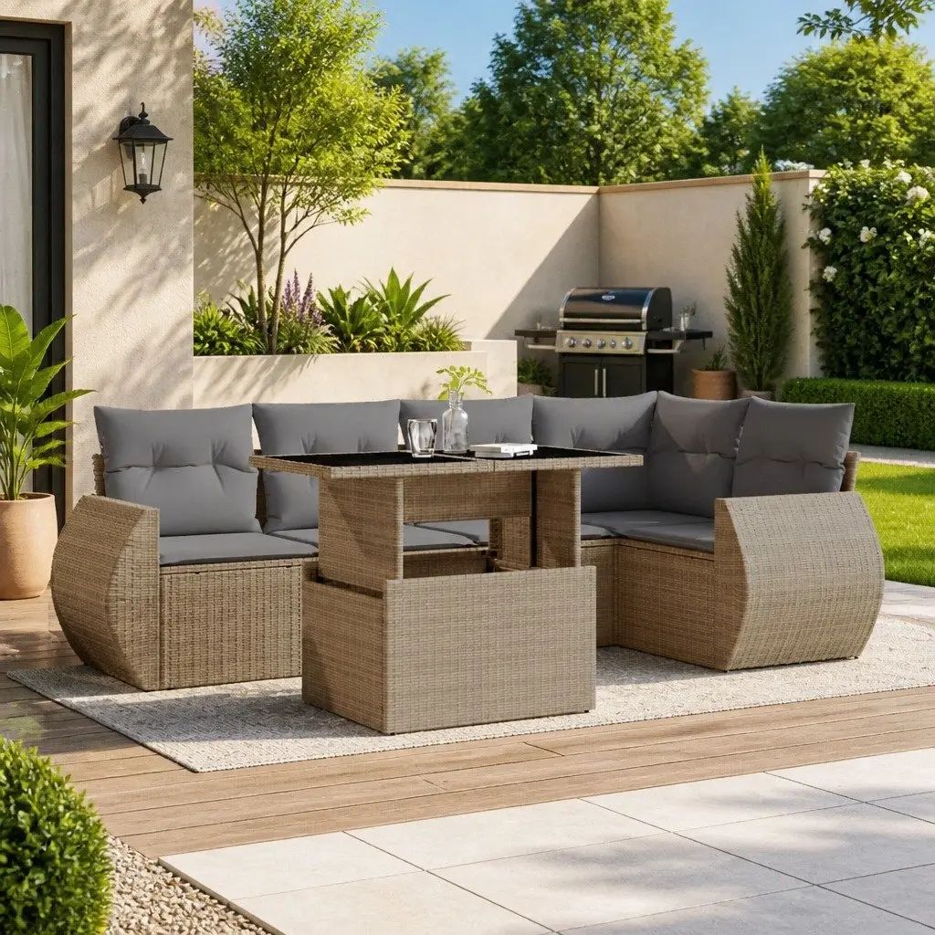 6 Piece Outdoor Garden Sofa Set Beige Poly Rattan Patio Furniture