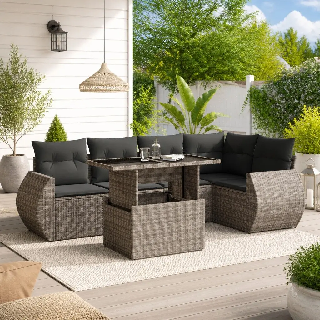 6-Piece Grey Poly Rattan Garden Sofa Set
