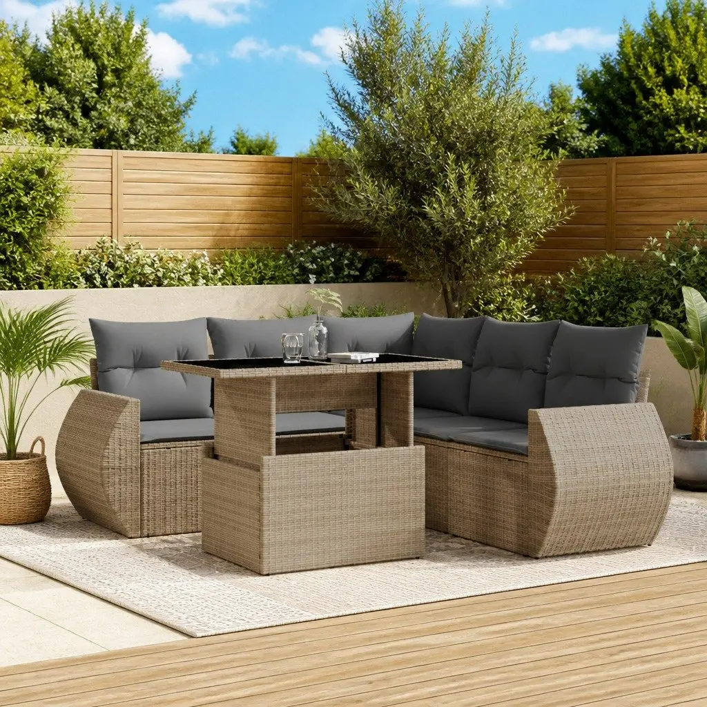 6 Piece Garden Sofa Set Outdoor Furniture Beige Poly Rattan with Cushions Patio