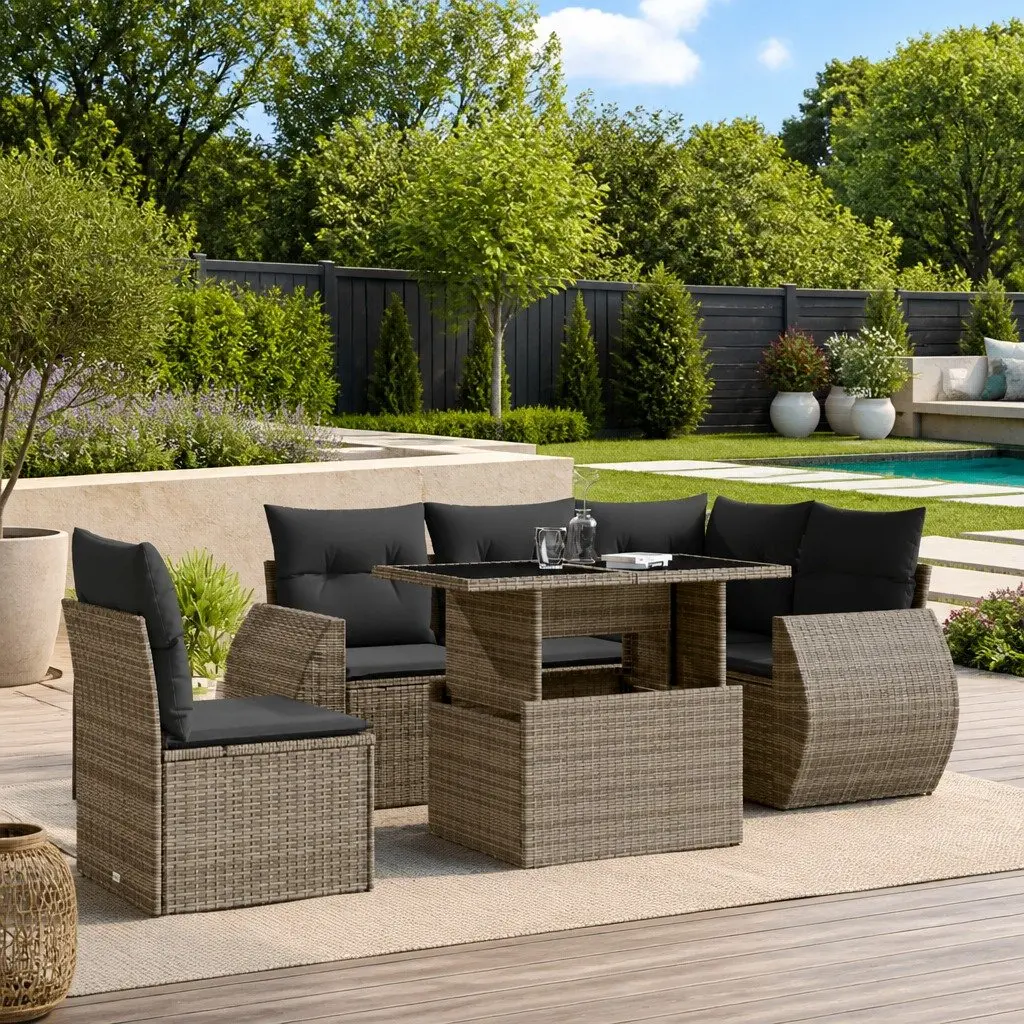 Garden Sofa Set for Patio 6 Piece Grey Poly Rattan Outdoor Furniture