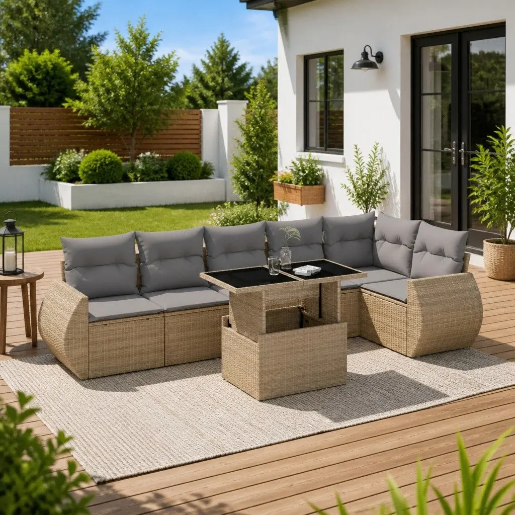 7 Piece Modular Garden Sofa Set with Beige Cushions