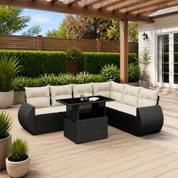Specs of 7 Piece Black Garden Sofa Set with Cushions