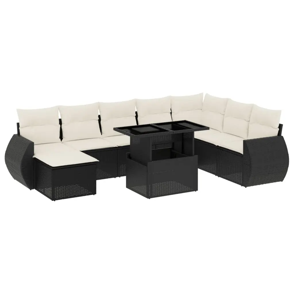 Garden Sofa Set 9 Piece Outdoor Furniture Black Poly Rattan Patio with Cushions